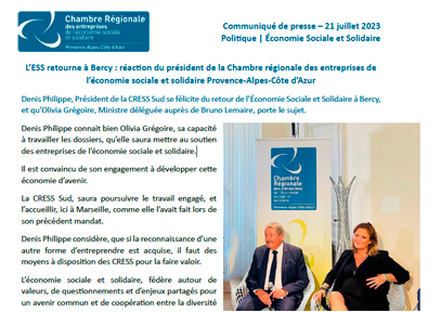 L’ESS retourne à Bercy : réaction du président de la Chambre régionale des entreprises de l’économie sociale et solidaire Provence-Alpes-Côte d’Azur
